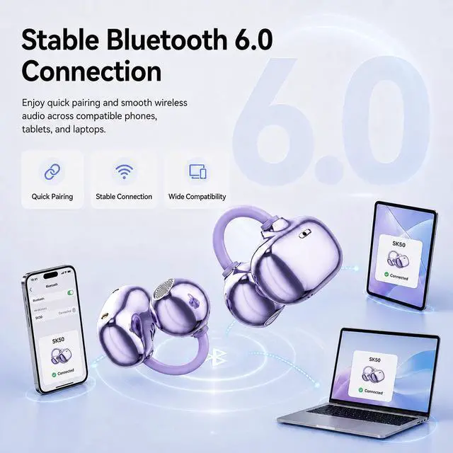 Alt view image 6 of 6 - Open Ear Earbuds Clip on Earbuds Earbuds for Small Ears with Spatial Audio,Invisible Fit Air Conduction Headphones, Bluetooth 6.0 Open-Ear Clip for Running, Work & All-Day Comfort. (Purple)