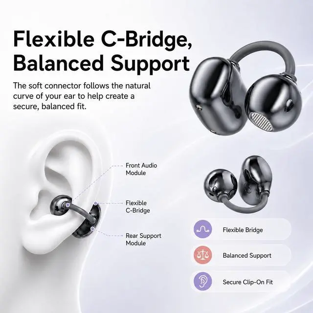 Alt view image 3 of 6 - Open Ear Earbuds Clip on Earbuds Earbuds for Small Ears with Spatial Audio 2026, 2g Invisible Fit Air Conduction Headphones, Bluetooth 6.0 Open-Ear Clip for Running, Work & All-Day Comfort. (Black)
