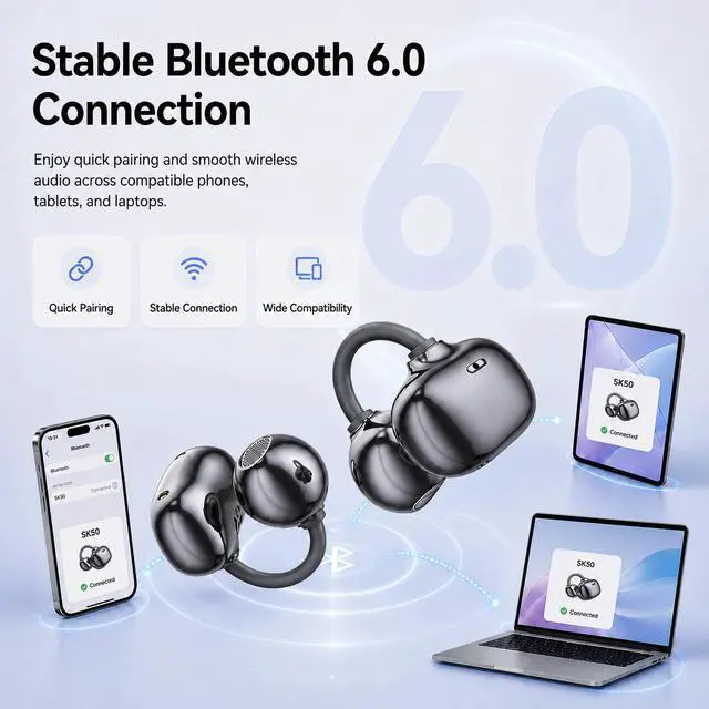 Alt view image 6 of 6 - Open Ear Earbuds Clip on Earbuds Earbuds for Small Ears with Spatial Audio 2026, 2g Invisible Fit Air Conduction Headphones, Bluetooth 6.0 Open-Ear Clip for Running, Work & All-Day Comfort. (Black)