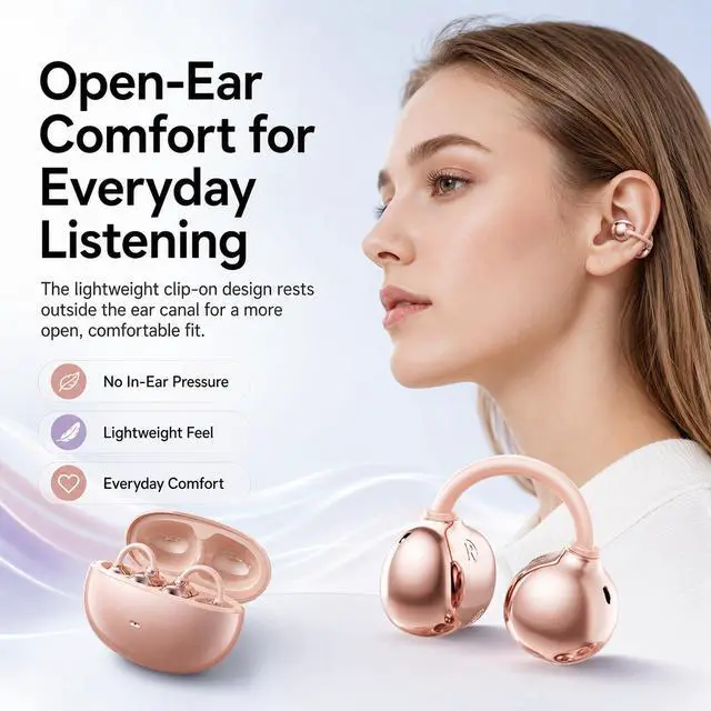 Alt view image 2 of 6 - Open Ear Earbuds Clip on Earbuds Earbuds for Small Ears with Spatial Audio,Invisible Fit Air Conduction Headphones, Bluetooth 6.0 Open-Ear Clip for Running,Work & All-Day Comfort. (Rose Gold)