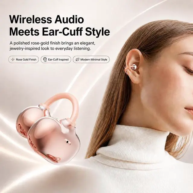 Alt view image 4 of 6 - Open Ear Earbuds Clip on Earbuds Earbuds for Small Ears with Spatial Audio,Invisible Fit Air Conduction Headphones, Bluetooth 6.0 Open-Ear Clip for Running,Work & All-Day Comfort. (Rose Gold)