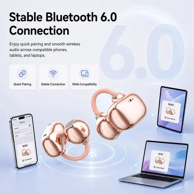Alt view image 6 of 6 - Open Ear Earbuds Clip on Earbuds Earbuds for Small Ears with Spatial Audio,Invisible Fit Air Conduction Headphones, Bluetooth 6.0 Open-Ear Clip for Running,Work & All-Day Comfort. (Rose Gold)