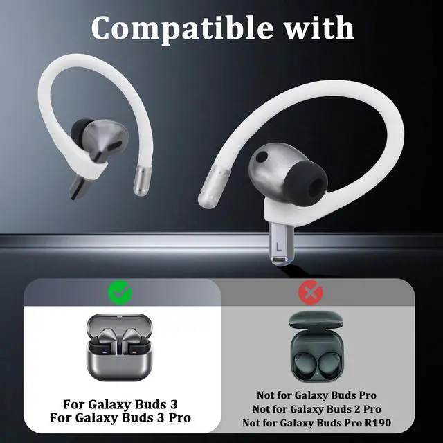 Alt view image 2 of 7 - Titanium Alloy Ear Hooks for Samsung Galaxy Buds 3 Pro & Buds 3 | Silicone Sports Ear Hooks with Anti-Lost Lanyard & 3in1 Cleaning Kit, Secure Fit for Running, Gym, Cycling & Workout, White