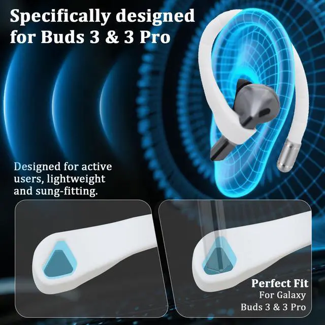Alt view image 3 of 7 - Titanium Alloy Ear Hooks for Samsung Galaxy Buds 3 Pro & Buds 3 | Silicone Sports Ear Hooks with Anti-Lost Lanyard & 3in1 Cleaning Kit, Secure Fit for Running, Gym, Cycling & Workout, White