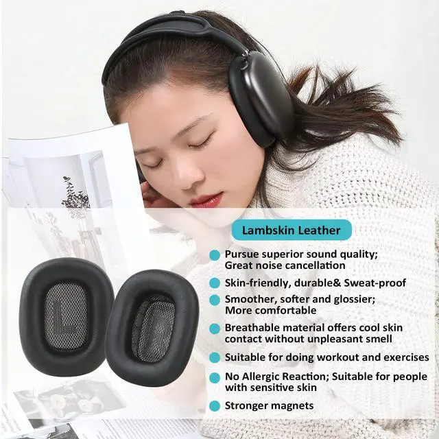 Alt view image 2 of 7 - Lambskin Ear Cushions for Apple AirPods Max Headphones, Black | Sheepskin Genuine Leather, Memory Foam, Magnet, Sweat-proof & Excellent Noise Isolation