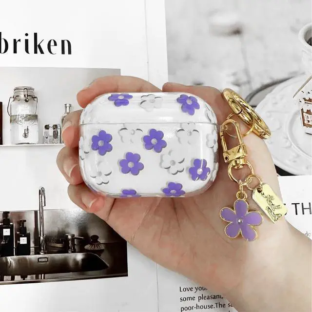 Alt view image 6 of 7 - Compatible with AirPods Pro 3 Case Cover 2025, Soft TPU Case with Cute Flower Pattern for AirPods Pro 3rd Generation Case with Flower Keychain and Cleaner Kit for Girls Women (Purple)