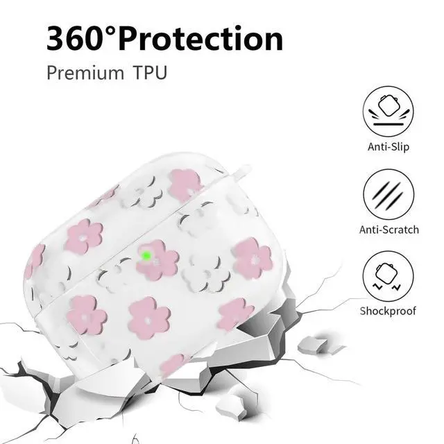 Alt view image 3 of 7 - Compatible with AirPods Pro 3 Case Cover 2025, Soft TPU Case with Cute Flower Pattern for AirPods Pro 3rd Generation Case with Flower Keychain and Cleaner Kit for Girls Women (Pink)