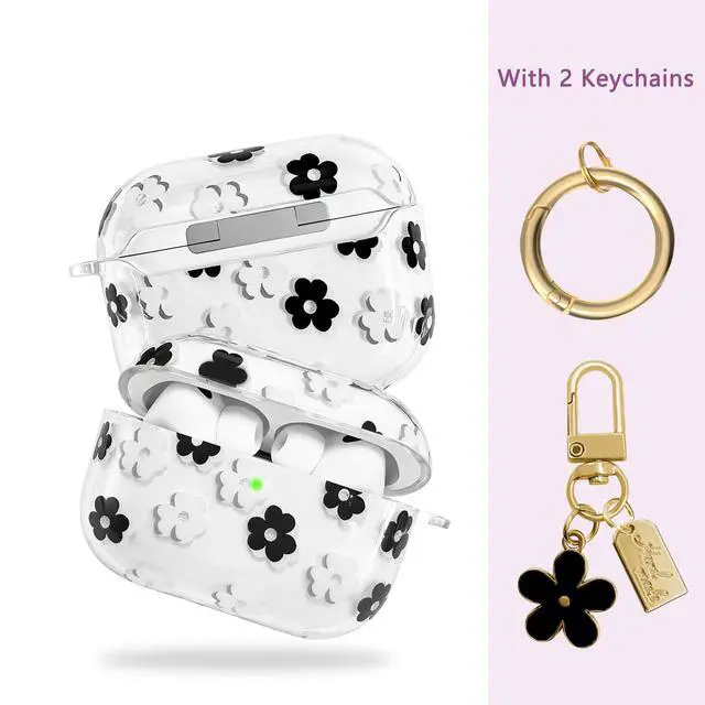 Alt view image 2 of 7 - Compatible with AirPods Pro 3 Case Cover 2025, Soft TPU Case with Cute Flower Pattern for AirPods Pro 3rd Generation Case with Flower Keychain and Cleaner Kit for Girls Women (Black)
