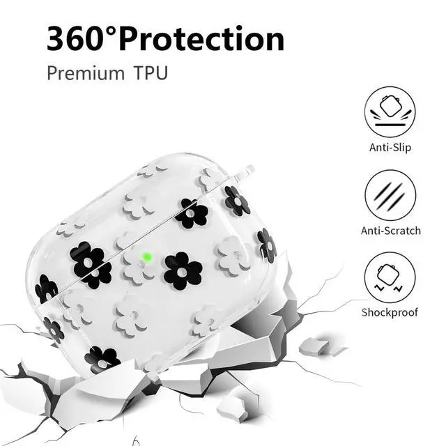 Alt view image 3 of 7 - Compatible with AirPods Pro 3 Case Cover 2025, Soft TPU Case with Cute Flower Pattern for AirPods Pro 3rd Generation Case with Flower Keychain and Cleaner Kit for Girls Women (Black)