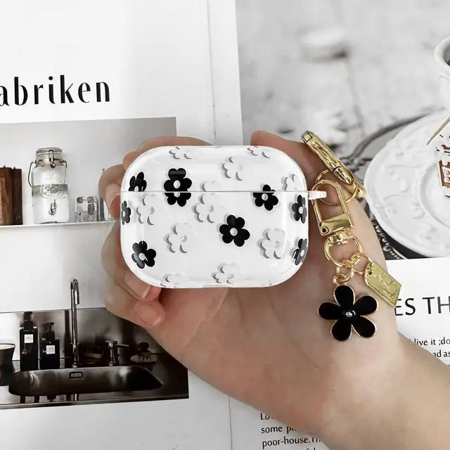 Alt view image 6 of 7 - Compatible with AirPods Pro 3 Case Cover 2025, Soft TPU Case with Cute Flower Pattern for AirPods Pro 3rd Generation Case with Flower Keychain and Cleaner Kit for Girls Women (Black)
