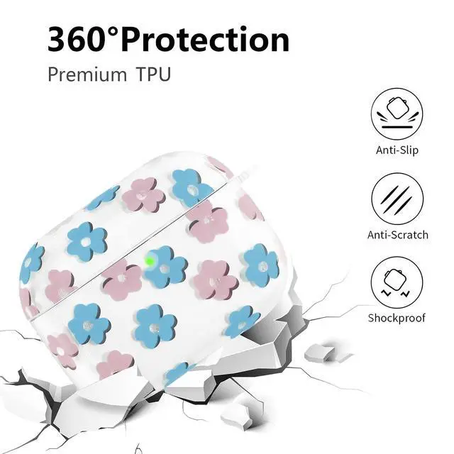 Alt view image 3 of 7 - Compatible with AirPods Pro 3 Case Cover 2025, Soft TPU Case with Cute Flower Pattern for AirPods Pro 3rd Generation Case with Flower Keychain and Cleaner Kit for Girls Women (Blue)