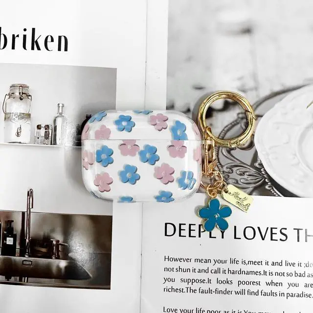Alt view image 5 of 7 - Compatible with AirPods Pro 3 Case Cover 2025, Soft TPU Case with Cute Flower Pattern for AirPods Pro 3rd Generation Case with Flower Keychain and Cleaner Kit for Girls Women (Blue)