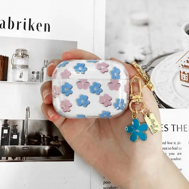 Alt view image 6 of 7 - Compatible with AirPods Pro 3 Case Cover 2025, Soft TPU Case with Cute Flower Pattern for AirPods Pro 3rd Generation Case with Flower Keychain and Cleaner Kit for Girls Women (Blue)