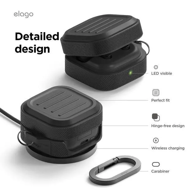 Alt view image 6 of 6 - Armor Case for Galaxy Buds 4 Pro & Galaxy Buds 4 | Armor Case with Carabiner, Premium Silicone Cover, Wireless Charging, Headphone Accessories, for Men, for Women (Black)
