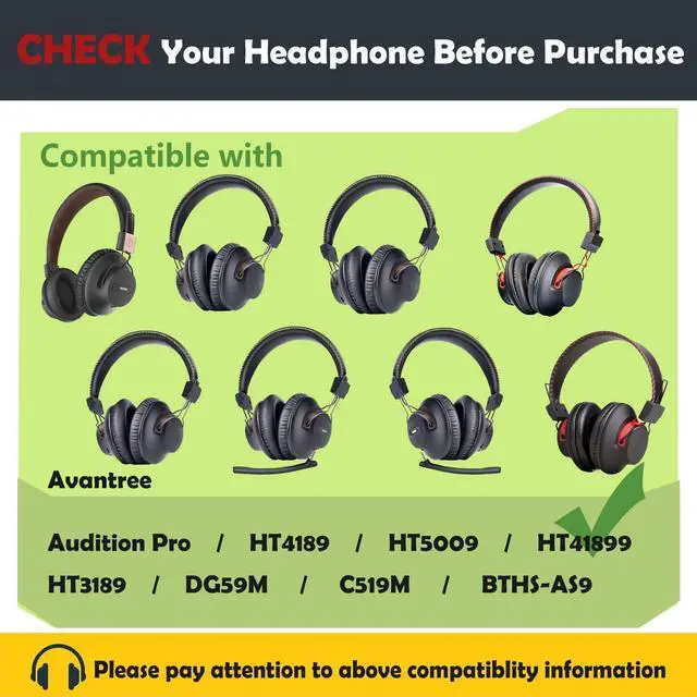 Alt view image 2 of 6 - Audition Pro Earpads Cushion for Avantree Audition Pro/HT4189/HT5009/HT5150/HT41899/HT3189/DG59M/C519M/BTHS-AS9 Wireless Bluetooth Over Ear Headphones Ear Cushions with Protein Leather