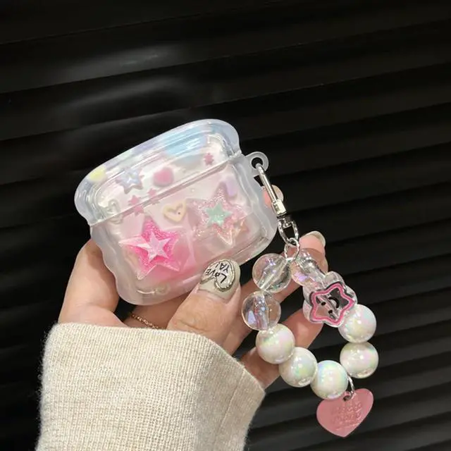 Alt view image 3 of 6 - Compatible with Airpods 3rd Generation Case 2021 Cute Dream 3D Gitter Stars Clear Protective Cover with Strap Keychain Airpod Gen 3 Case for Girls Women (3rd - Stars Pink)