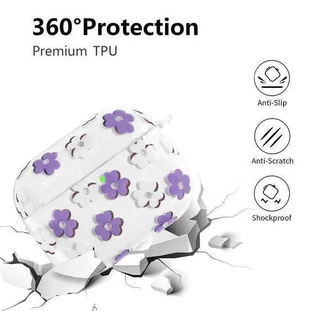 Alt view image 3 of 7 - Compatible with AirPods Pro 3 Case Cover 2025, Soft TPU Case with Cute Flower Pattern for AirPods Pro 3rd Generation Case with Flower Keychain and Cleaner Kit for Girls Women (Purple)