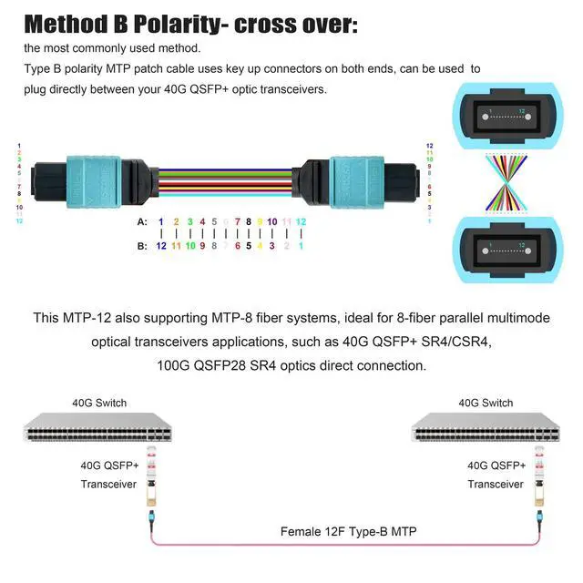 Alt view image 4 of 6 - 6ft OFNP MTP/MPO Fiber Cable 12 Strand Female, MTP to MTP OM4 Multimode Fiber Optic Ptach Cord, Type B Plenum MTP Jumpers