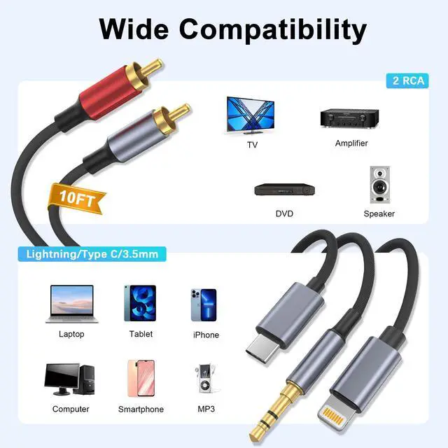Alt view image 2 of 6 - USB C 3.5mm to RCA Cable, Lightning to RCA Male to Aux Audio Adapter, HiFi Sound, Headphone Jack Adapter, 3 in 1 Audio Cable Connector for iPhone/iPad, Speaker, MP3, Tablet, HDTV 10FT