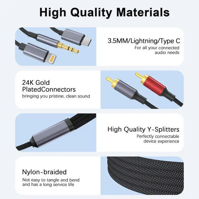 Alt view image 4 of 6 - USB C 3.5mm to RCA Cable, Lightning to RCA Male to Aux Audio Adapter, HiFi Sound, Headphone Jack Adapter, 3 in 1 Audio Cable Connector for iPhone/iPad, Speaker, MP3, Tablet, HDTV 10FT