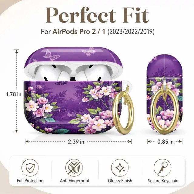 Alt view image 2 of 7 - Compatible with AirPod Pro 2nd/1st Generation Case Cover with Key Chain,Full Protective Shockproof Wireless Headphone Case for Airpod Pro 2023/2022/2019(Floral with Butterflies Leaves)