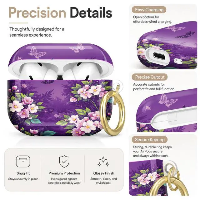Alt view image 3 of 7 - Compatible with AirPod Pro 2nd/1st Generation Case Cover with Key Chain,Full Protective Shockproof Wireless Headphone Case for Airpod Pro 2023/2022/2019(Floral with Butterflies Leaves)