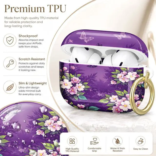 Alt view image 4 of 7 - Compatible with AirPod Pro 2nd/1st Generation Case Cover with Key Chain,Full Protective Shockproof Wireless Headphone Case for Airpod Pro 2023/2022/2019(Floral with Butterflies Leaves)
