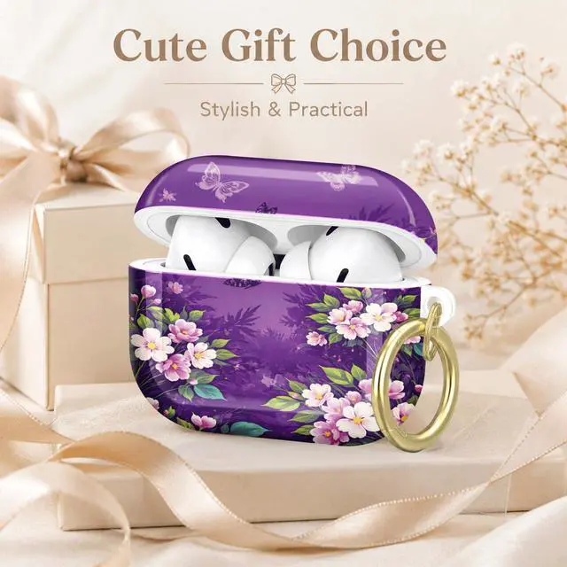 Alt view image 7 of 7 - Compatible with AirPod Pro 2nd/1st Generation Case Cover with Key Chain,Full Protective Shockproof Wireless Headphone Case for Airpod Pro 2023/2022/2019(Floral with Butterflies Leaves)