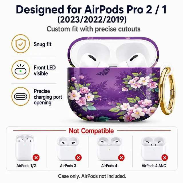 Alt view image 5 of 7 - Compatible with AirPod Pro 2nd/1st Generation Case Cover with Key Chain,Full Protective Shockproof Wireless Headphone Case for Airpod Pro 2023/2022/2019(Floral with Butterflies Leaves)