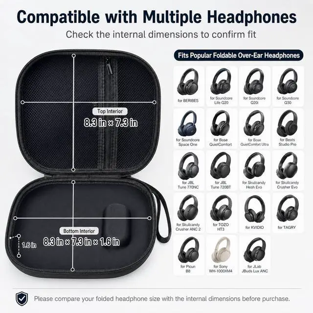 Alt view image 2 of 7 - Hard Headphone Case for Sony WH-CH720N/ for JBL Tune 720BT | Fits for TOZO HT2, for JBL Tune 510BT/770NC, for Sony WH-CH520/WH-1000XM4, for BERIBES and for KVIDIO, Black, Case Only