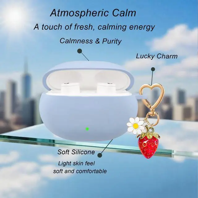 Alt view image 5 of 6 - for Beats Studio Buds Case/Studio Buds Plus Case Cover,Soft Silicone Cover Protective with Cute Strawberry Daisy Flower Charm Keychain for Beats Studio Buds+ Charging Case Grayish Blue