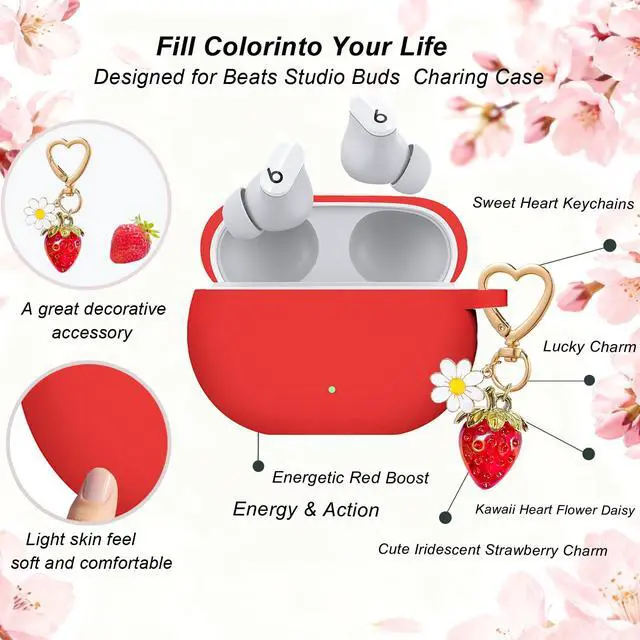 Alt view image 4 of 6 - for Beats Studio Buds Case/Studio Buds Plus Case Cover,Soft Silicone Cover Protective Case with Cute Strawberry Daisy Flower Charm Keychain for Beats Studio Buds+ Earbuds Charging Case Red