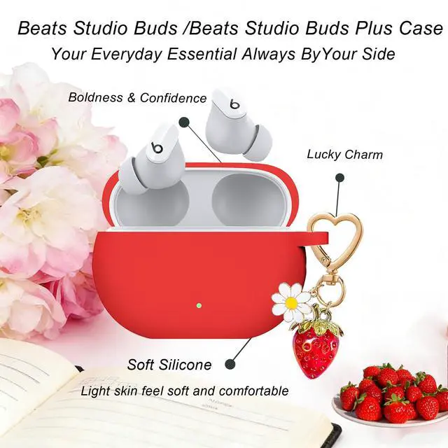 Alt view image 5 of 6 - for Beats Studio Buds Case/Studio Buds Plus Case Cover,Soft Silicone Cover Protective Case with Cute Strawberry Daisy Flower Charm Keychain for Beats Studio Buds+ Earbuds Charging Case Red