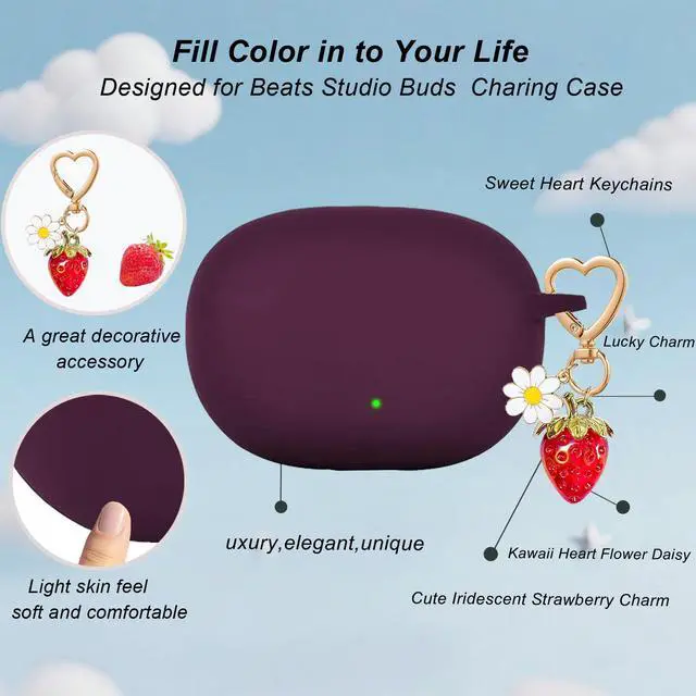 Alt view image 4 of 6 - for Beats Studio Buds Case/Studio Buds Plus Case Cover,Soft Silicone Cover Protective with Cute Strawberry Daisy Flower Charm Keychain for Beats Studio Buds+ Charging Case Dark Purple