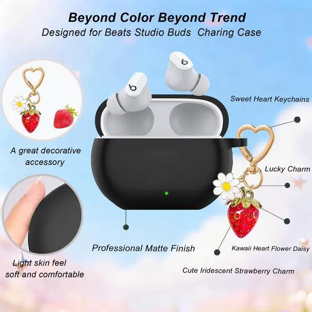 Alt view image 4 of 6 - for Beats Studio Buds Case/Studio Buds Plus Case Cover,Soft Silicone Cover Protective with Cute Strawberry Daisy Flower Charm Keychain for Beats Studio Buds+ Earbuds Charging Case Black