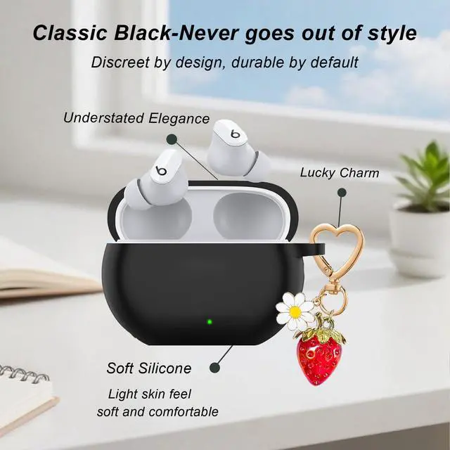 Alt view image 5 of 6 - for Beats Studio Buds Case/Studio Buds Plus Case Cover,Soft Silicone Cover Protective with Cute Strawberry Daisy Flower Charm Keychain for Beats Studio Buds+ Earbuds Charging Case Black
