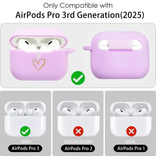 Alt view image 4 of 7 - Compatible with AirPods Pro 3 Case Cover 2025, Soft Silicone Case with Gold Heart Pattern for AirPods Pro 3rd Generation Case with Pendant Keychain for Girls Women (Purple)