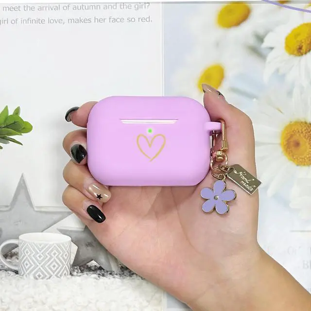 Alt view image 6 of 7 - Compatible with AirPods Pro 3 Case Cover 2025, Soft Silicone Case with Gold Heart Pattern for AirPods Pro 3rd Generation Case with Pendant Keychain for Girls Women (Purple)