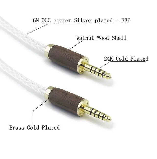 Alt view image 4 of 6 - 4.4mm to 4.4mm Male to Male Balanced 5 Pole Headphone Audio Adapter Cable 8 Cores 6N OCC Copper Single Crystal Silver Plated Wire Walnut Wood Shell 15cm