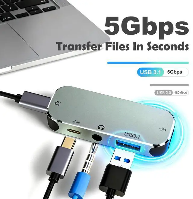 Alt view image 2 of 7 - USB TYPE-C 5-in-1 docking station supports PD3.0 charging, Type-C interface 3.55 headphone jack, USB3.1 supports up to 10Gbps, and is highly compatible with Switch/iPad/Android/Apple/computer