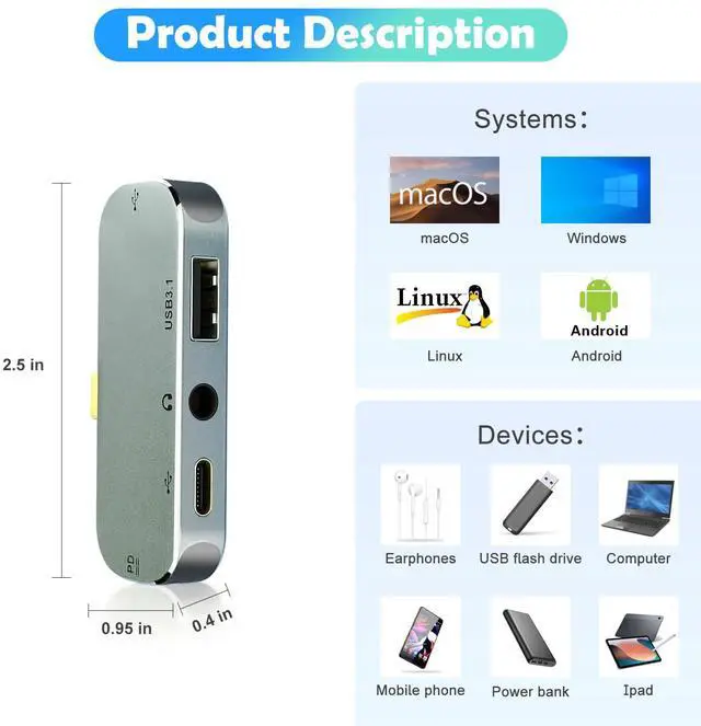 Alt view image 5 of 7 - USB TYPE-C 5-in-1 docking station supports PD3.0 charging, Type-C interface 3.55 headphone jack, USB3.1 supports up to 10Gbps, and is highly compatible with Switch/iPad/Android/Apple/computer