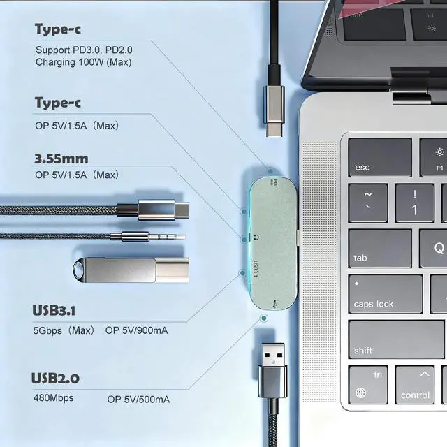 Alt view image 4 of 7 - USB TYPE-C 5-in-1 docking station supports PD3.0 charging, Type-C interface 3.55 headphone jack, USB3.1 supports up to 10Gbps, and is highly compatible with Switch/iPad/Android/Apple/computer