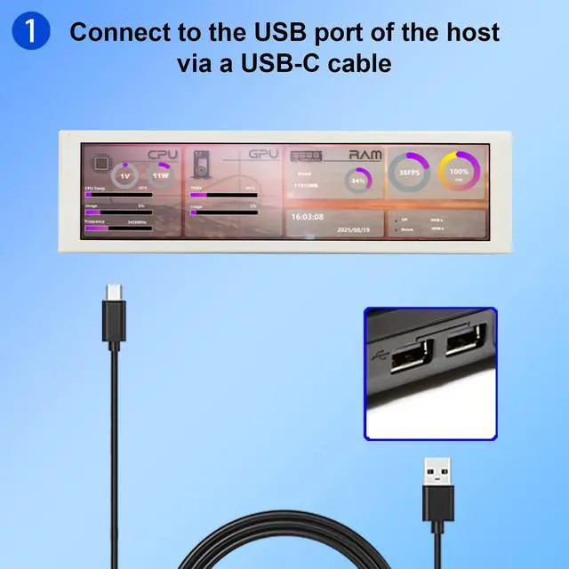 Alt view image 6 of 6 - 9.16'' 1920x462 IPS PC Case LCD Screen with Theme Editor,White | Small Stretched Bar Monitor,Secondary Display for Monitoring Computer Temp RAM CPU GPU Data