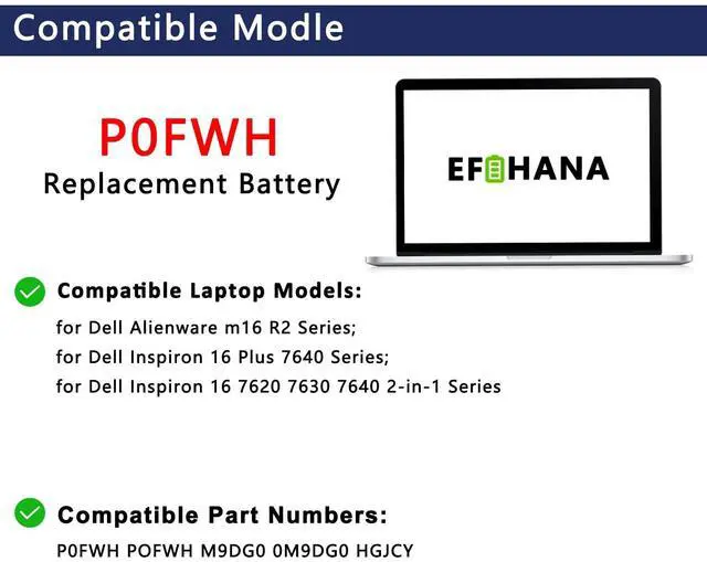 Alt view image 4 of 7 - P0FWH 90Wh Laptop Battery Replacement for Dell Alienware M16 R2 Inspiron 16 Plus 7640/16 7620 7630 7640 2-in-1 Series 0M9DG0 M9DG0 POFWH HGJCY 11.7V 7692mAh