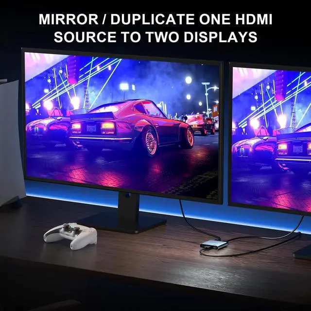 Alt view image 2 of 7 - HDMI Splitter 1 in 2 Out 4K 60Hz 4:4:4, HDMI 2 Port Splitter with Auto, Copy, and Downscaler Mode for Dual Identical Display Support 1080p 120Hz HDR10, Compatible with PS4 Pro, Xbox, PS5