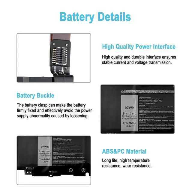Alt view image 4 of 7 - 97Wh XG4K6 Replacement Laptop Battery for Dell XPS 9700 9710 9720 9730 Precision 5750 5760 5770 Series P92F P92F001 P92F002 P92F003 5XJ6R 01RR3 KVPMY KRDHV F8CPG 0YY3V 451-BCQL 11.4V 6-Cell