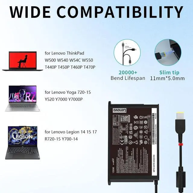 Alt view image 2 of 6 - 135W Charger Compatible with Lenovo ThinkPad P15v T15p x1 Extreme Gen 3 5 Ideapad Gaming 3-15 L340 Yoga Y50-80 Y50P Y40-70 Y50-70 ADL135SDC3A SA10E75864 Laptop Power Supply Cord