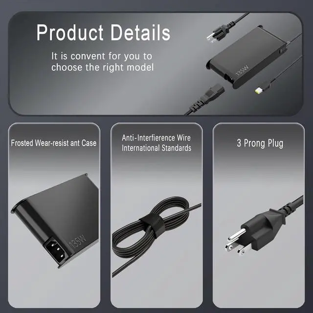 Alt view image 3 of 6 - 135W Charger Compatible with Lenovo ThinkPad P15v T15p x1 Extreme Gen 3 5 Ideapad Gaming 3-15 L340 Yoga Y50-80 Y50P Y40-70 Y50-70 ADL135SDC3A SA10E75864 Laptop Power Supply Cord