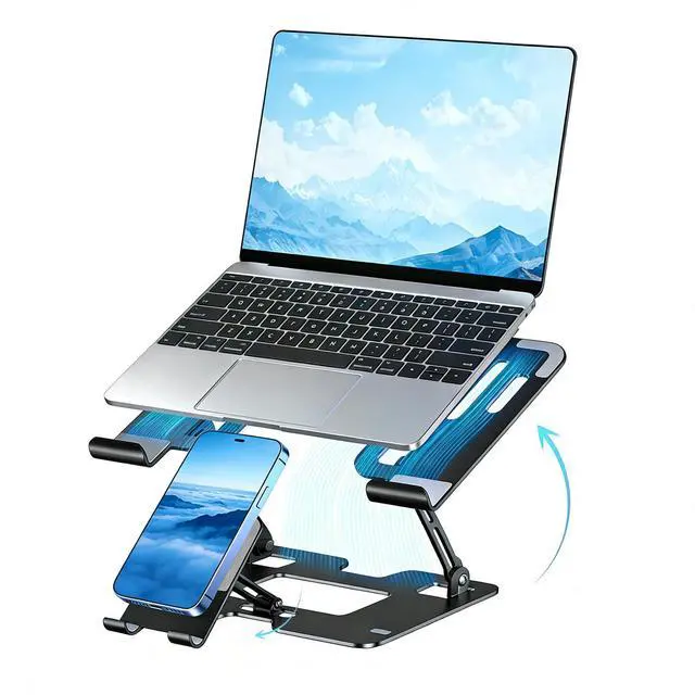 Main image of Ergonomic Foldable 2-in-1 Laptop Stand with Phone Holder | Carbon Steel Frame, Matte Black Finish, Silicone Pads, Hollow Cooling Design, Height Adjustable, Fits Most Laptops and Phones