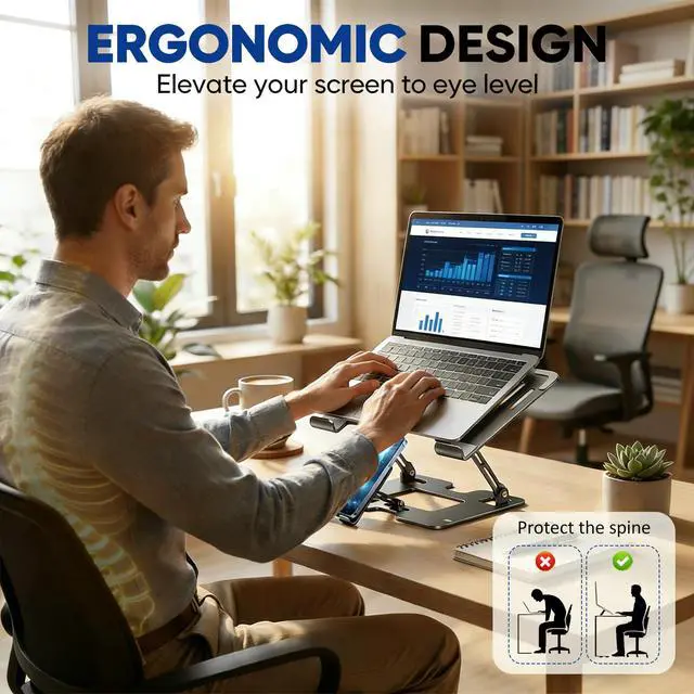 Alt view image 2 of 7 - Ergonomic Foldable 2-in-1 Laptop Stand with Phone Holder | Carbon Steel Frame, Matte Black Finish, Silicone Pads, Hollow Cooling Design, Height Adjustable, Fits Most Laptops and Phones